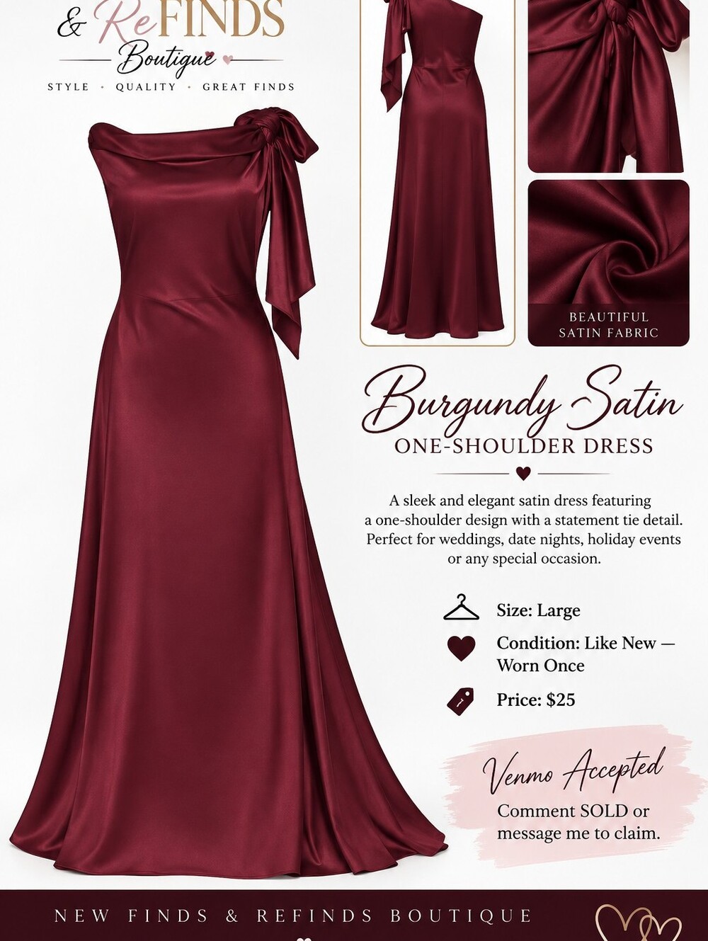 Fashion Nova Burgundy Satin One-Shoulder Dress with Tie Accent